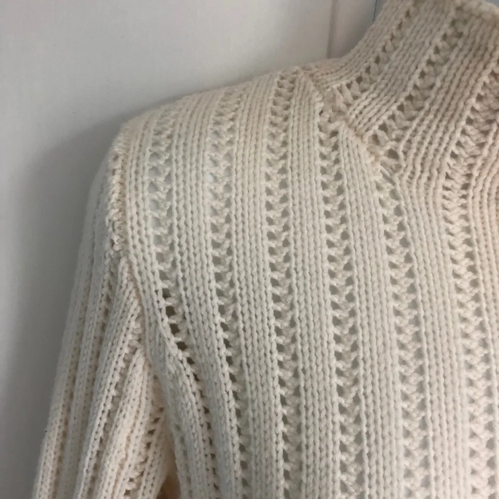INHABIT White 100% Wool Pointelle Mock Neck Peplum Sweater S